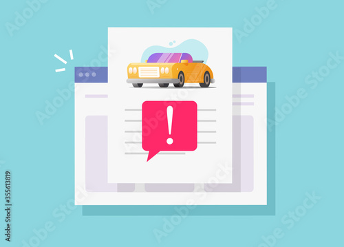Car fake risk history online description report with warning vehicle access or internet website automobile instruction info document page with important caution notice message vector flat design image