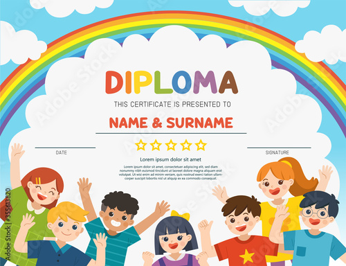 Back to School. Happy children having fun together in nature. Children look up with interest. Template for Certificate kids diploma