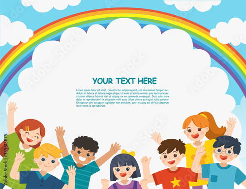 Happy children having fun together in nature. Children look up with interest. Template for advertising brochure. 