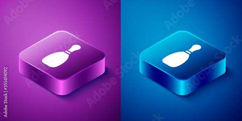 Isometric Bowling pin icon isolated on blue and purple background. Square button. Vector Illustration.