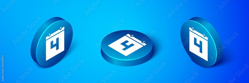 Isometric Day calendar with date July 4 icon isolated on blue background. USA Independence Day. 4th of July. Blue circle button. Vector Illustration. Isometric Day calendar with date July 4 icon isolated on blue background. USA Independence Day. 4th of July. Blue circle button. Vector Illustration.