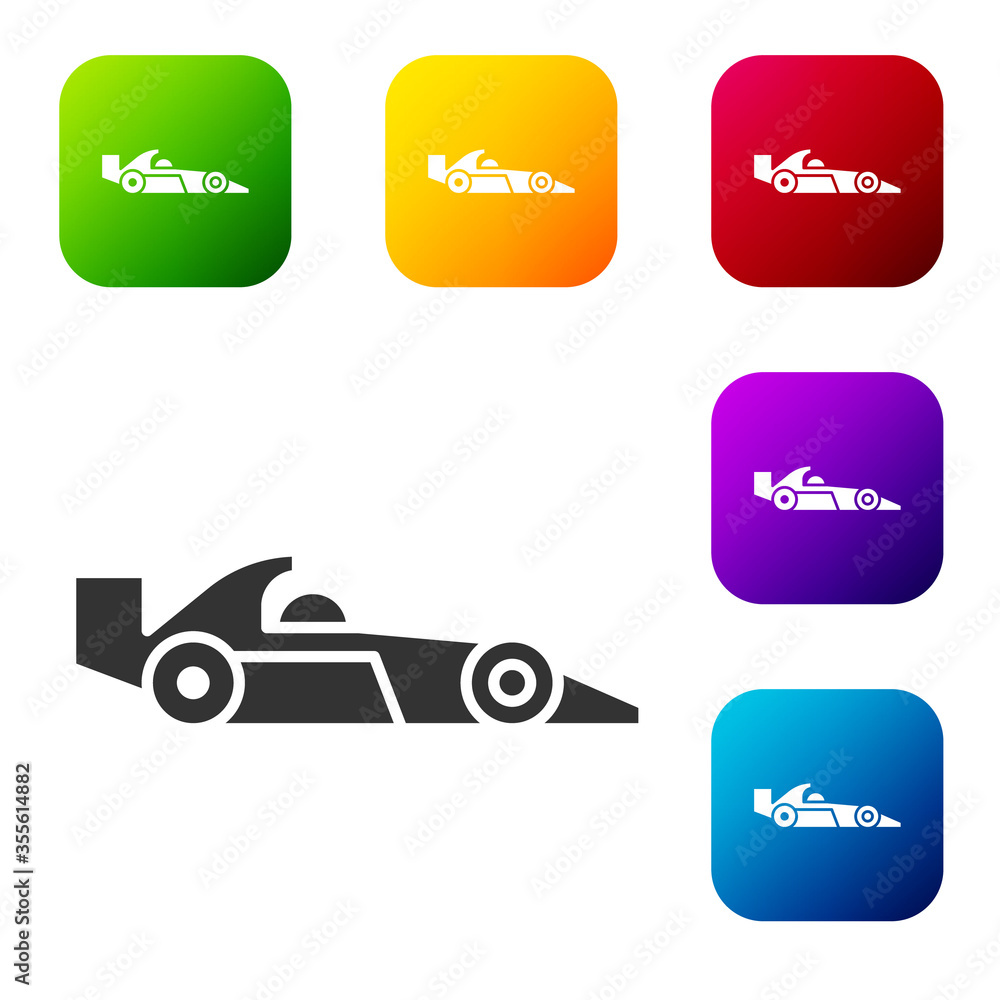 Black Formula 1 racing car icon isolated on white background. Set icons in color square buttons. Vector Illustration. Black Formula 1 racing car icon isolated on white background. Set icons in color square buttons. Vector Illustration.