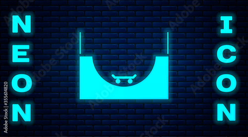 Glowing neon Skate park icon isolated on brick wall background. Set of ramp, roller, stairs for a skatepark. Extreme sport. Vector Illustration.