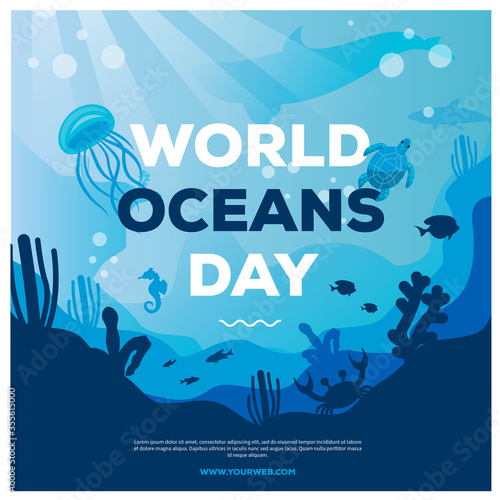 hand draw World Ocean Day banner with deep sea creature for social media template background