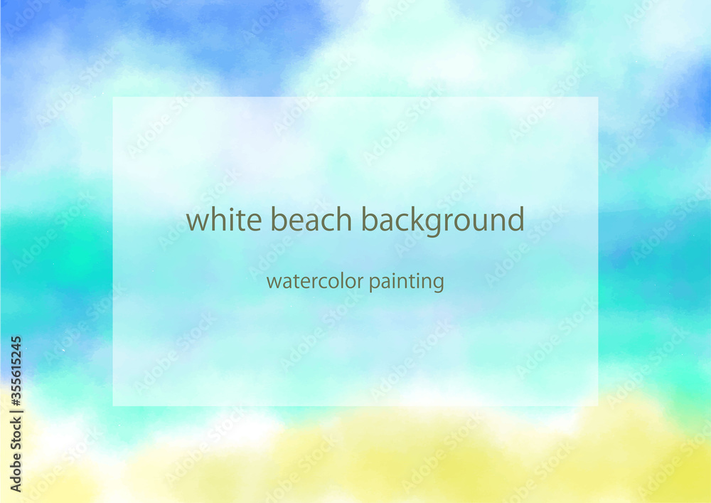 ターコイズブルーの海と白いビーチ　手描き水彩画
