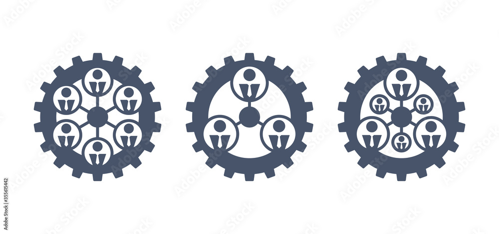 Networking icon in 3 variations with people icons connected to each other inside gear (cogwheel) - isolated vectoer emplem for logo, app and infographics Networking icon in 3 variations with people icons connected to each other inside gear (cogwheel) - isolated vectoer emplem for logo, app and infographics