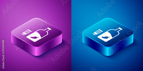 Isometric Vodka with pepper and glass icon isolated on blue and purple background. Ukrainian national alcohol. Square button. Vector Illustration.
