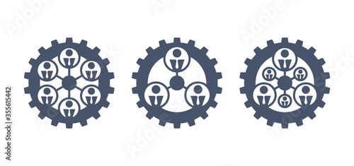Networking icon in 3 variations with people icons connected to each other inside gear (cogwheel) - isolated vectoer emplem for logo, app and infographics