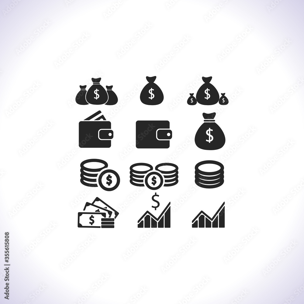 Bag, wallet, money, card, rate, currency, bill, vector icon