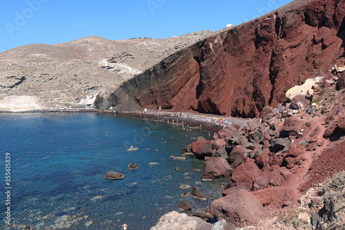 High up view of famous Red Beach, Santorini