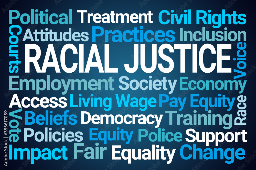 Racial Justice Word Cloud on Blue Background