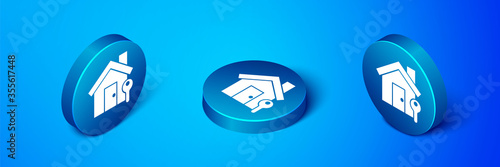 Isometric House with key icon isolated on blue background. The concept of the house turnkey. Blue circle button. Vector Illustration.