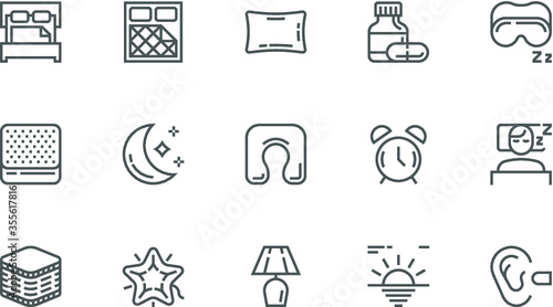 Sleep Vector Flat Line Icons Set. Sleeping Pills, Pillow, Mattress, Nightlight. Editable Stroke. 48x48 Pixel Perfect.