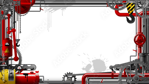 Industrial frame with gears, levers and pipes