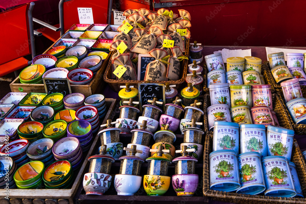 Typical Provencal gift and souvenirs for sale in a market stall at the Corus Saleya, Nice, France