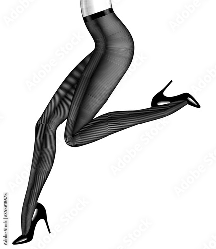 Engraved drawing of a female legs in black pantyhose and glossy shoes