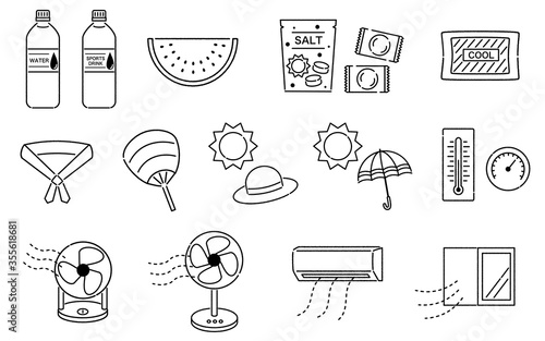 手描き風の熱中症対策セット　線画