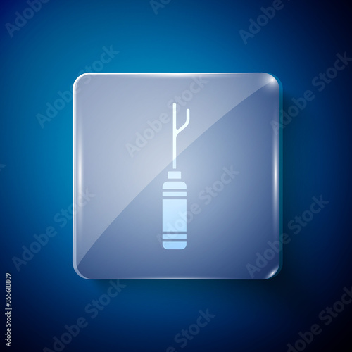 White Awl tool with wooden handle icon isolated on blue background. Work equipment tailor industry. Square glass panels. Vector Illustration.