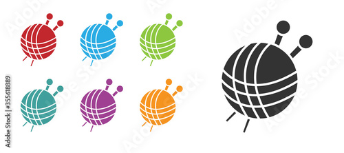 Black Yarn ball with knitting needles icon isolated on white background. Label for hand made, knitting or tailor shop. Set icons colorful. Vector Illustration.