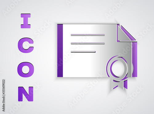 Paper cut Certificate template icon isolated on grey background. Achievement, award, degree, grant, diploma concepts. Paper art style. Vector Illustration.