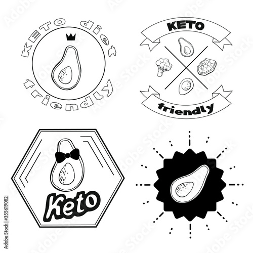Vector illustration with stickers for ketogenic diet, lchf and paleo diet products and foods