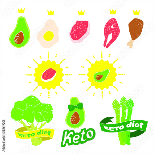 Vector illustration with stickers for ketogenic diet, lchf and paleo diet products and foods
