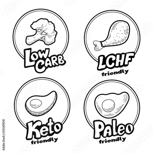 Vector illustration with stickers for ketogenic diet, lchf and paleo diet products and foods