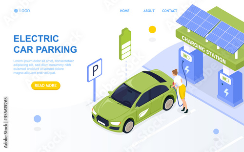 Electric Cars Parking. Charging station. Attractive girl is charging the car. Vehicle on lithium-ion batteries. The process of charging the car. Perfect for landing, web, banner or advertising. Vector