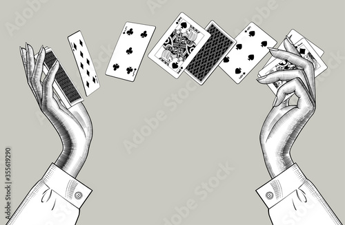 Engraved drawing of female hands with playing cards fan