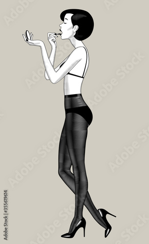 Engraved drawing of a standing undressed woman paints lips in dark pantyhose and shoes