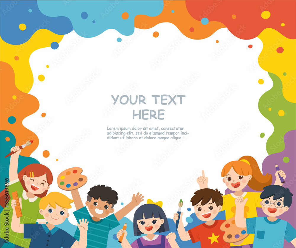 Back to School. Group of Multicultural happy kids have fun and ready to get painting together. Children look up with interest. Art kids. Template for advertising brochure. Back to School. Group of Multicultural happy kids have fun and ready to get painting together. Children look up with interest. Art kids. Template for advertising brochure.