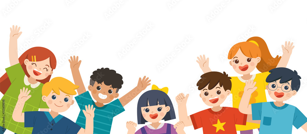 Group of Multicultural happy kids joyfully jumping and waving hands on white background. Cheerful elementary school students. Template for advertising brochure. Group of Multicultural happy kids joyfully jumping and waving hands on white background. Cheerful elementary school students. Template for advertising brochure.