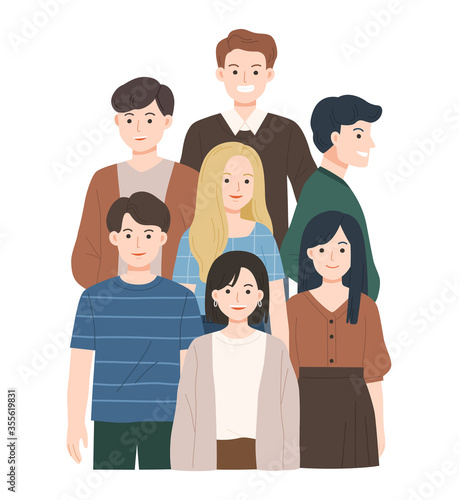 Group of young people flat cartoon characters isolated on white background. Happy teenager in casual clothes. Happy Friends staying together.