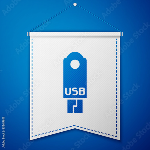 Blue USB flash drive icon isolated on blue background. White pennant template. Vector Illustration.