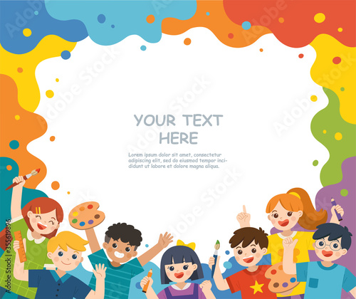Back to School. Group of Multicultural happy kids have fun and ready to get painting together. Children look up with interest. Art kids. Template for advertising brochure.
