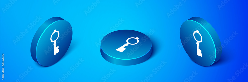 Isometric Old key icon isolated on blue background. Blue circle button. Vector Illustration. Isometric Old key icon isolated on blue background. Blue circle button. Vector Illustration.