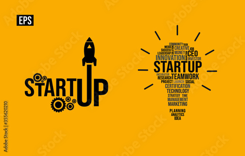 Startup business Vector illustration typography, word lettering, startup logo, symbol icon illustration with bulb, rocket, isolated on yellow background