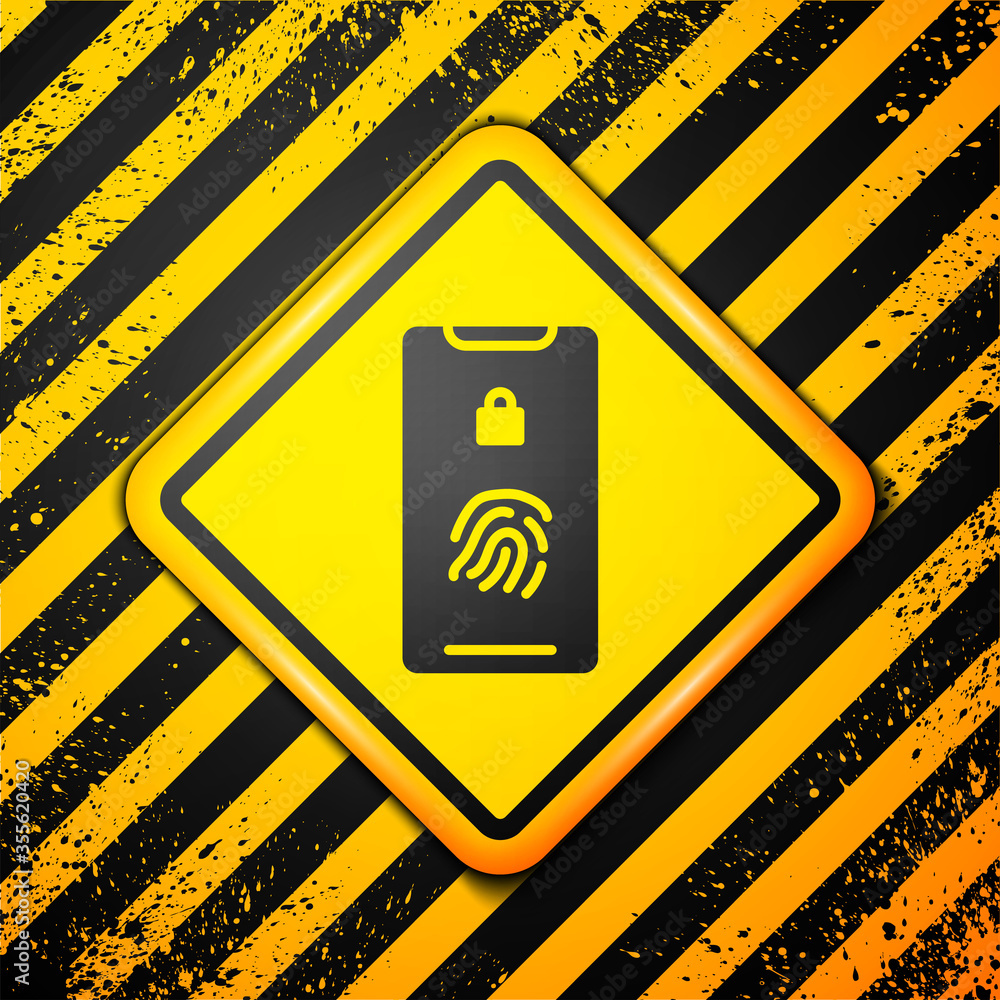 Black Smartphone with fingerprint scanner icon isolated on yellow background. Concept of security, personal access via finger on mobile. Warning sign. Vector Illustration. Black Smartphone with fingerprint scanner icon isolated on yellow background. Concept of security, personal access via finger on mobile. Warning sign. Vector Illustration.