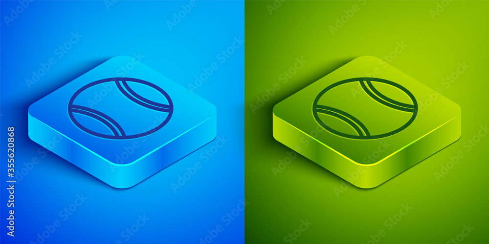 Isometric line Tennis ball icon isolated on blue and green background. Sport equipment. Square button. Vector Illustration. Isometric line Tennis ball icon isolated on blue and green background. Sport equipment. Square button. Vector Illustration.