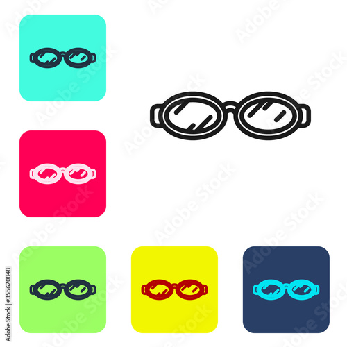 Black line Glasses for swimming icon isolated on white background. Goggles sign. Diving underwater equipment. Set icons in color square buttons. Vector Illustration.