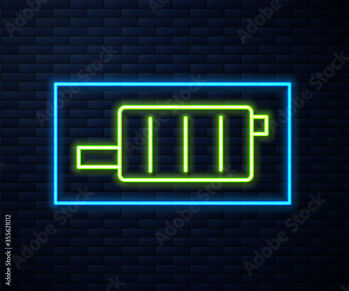 Glowing neon line Car muffler icon isolated on brick wall background. Exhaust pipe. Vector Illustration.