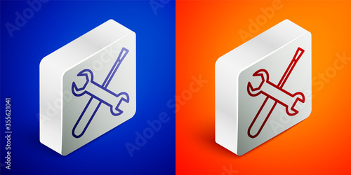 Isometric line Screwdriver and wrench spanner tools icon isolated on blue and orange background. Service tool symbol. Silver square button. Vector Illustration.