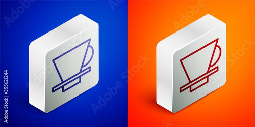 Isometric line V60 coffee maker icon isolated on blue and orange background. Silver square button. Vector Illustration.