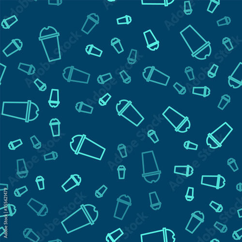 Green line Milkshake icon isolated seamless pattern on blue background. Plastic cup with lid and straw. Vector Illustration.