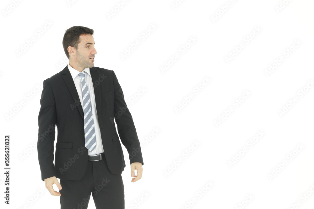 Handsome and smart businessman in black suit Look at right isolated on white background. Handsome and smart businessman in black suit Look at right isolated on white background.
