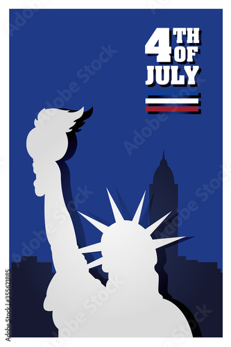 Liberty statue in front of city buildings of 4th july vector design