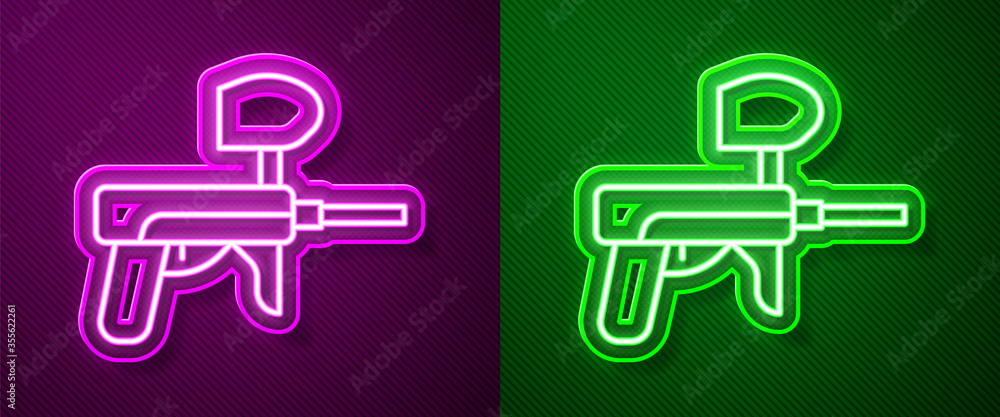 Glowing neon line Paintball gun icon isolated on purple and green background. Vector Illustration. Glowing neon line Paintball gun icon isolated on purple and green background. Vector Illustration.