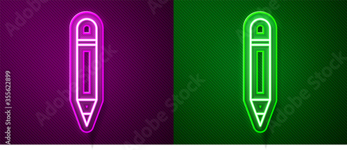 Glowing neon line Pencil with eraser icon isolated on purple and green background. Drawing and educational tools. School office symbol. Vector Illustration.