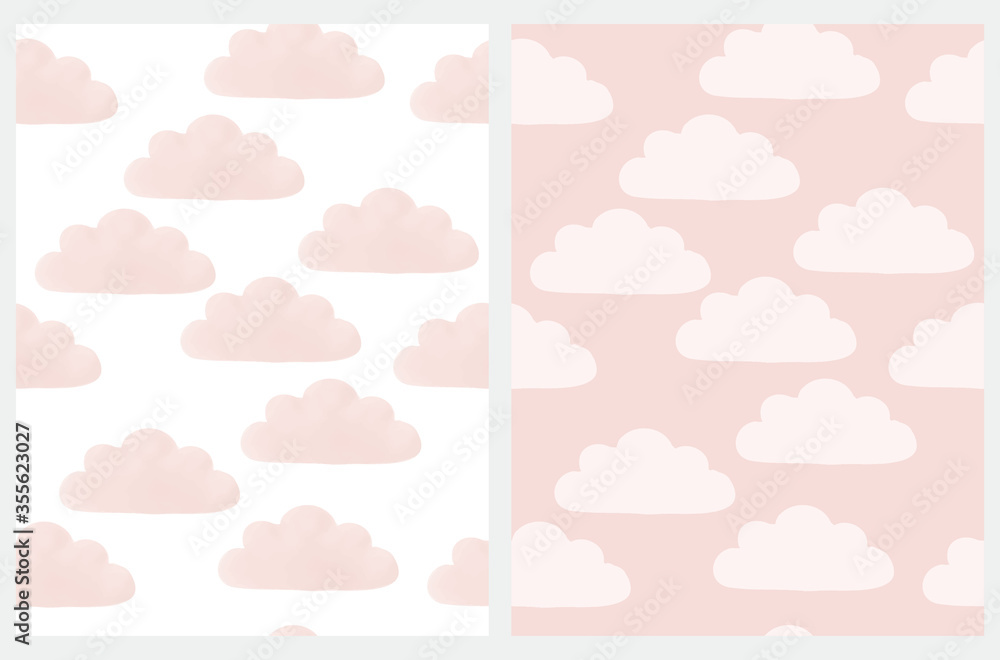 Fluffy Clouds Vector Pattern. Irregular Hand Drawn Simple Cloudy Sky Print for Fabric, Textile, Wrapping Paper. Repeatable Sky Design. Clouds Isolated on a Light Pink and White Background. 