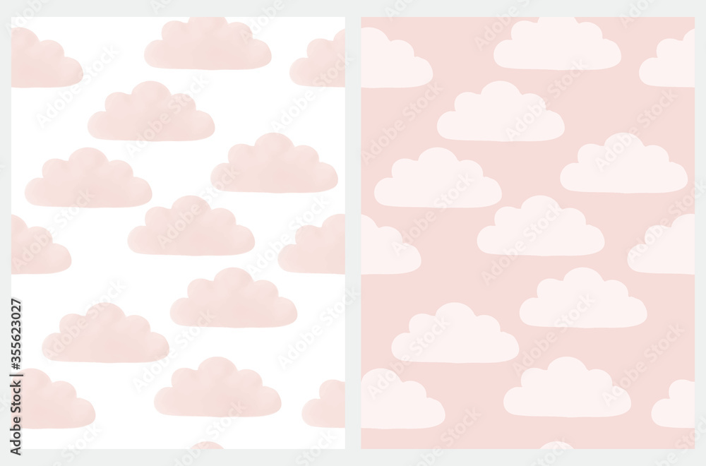Fluffy Clouds Vector Pattern. Irregular Hand Drawn Simple Cloudy Sky Print for Fabric, Textile, Wrapping Paper. Repeatable Sky Design. Clouds Isolated on a Light Pink and White Background. Fluffy Clouds Vector Pattern. Irregular Hand Drawn Simple Cloudy Sky Print for Fabric, Textile, Wrapping Paper. Repeatable Sky Design. Clouds Isolated on a Light Pink and White Background.